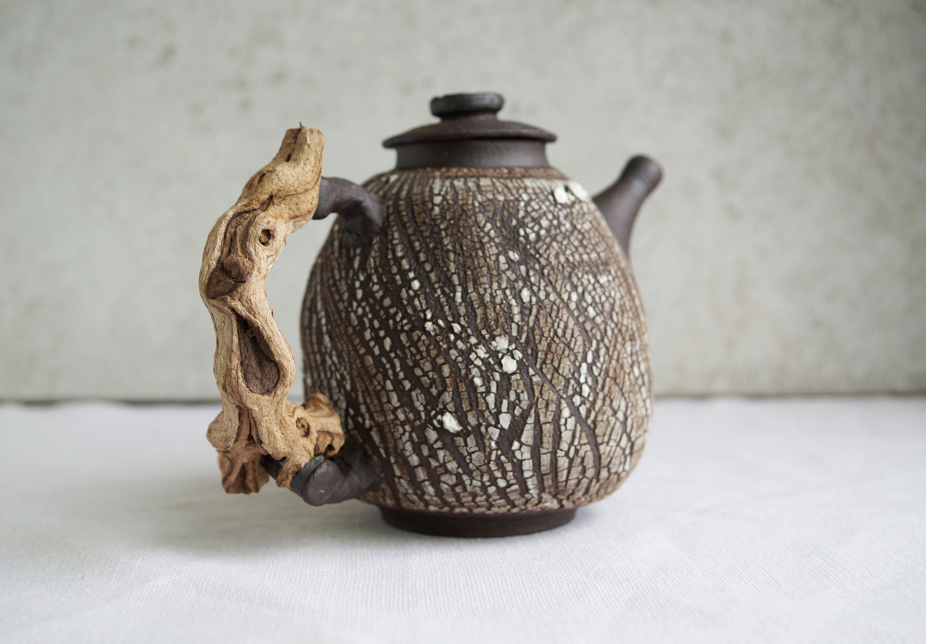 Handmade Ceramic Teapot, Crack Texture, Rustic Design, Wood Twig Handle