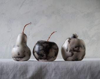 Raku Ceramic Fruit Set, Black/White Horse Hair, Porcelain Ceramic Arts,  Unique Home Decor, Handmade Housewarming Gift