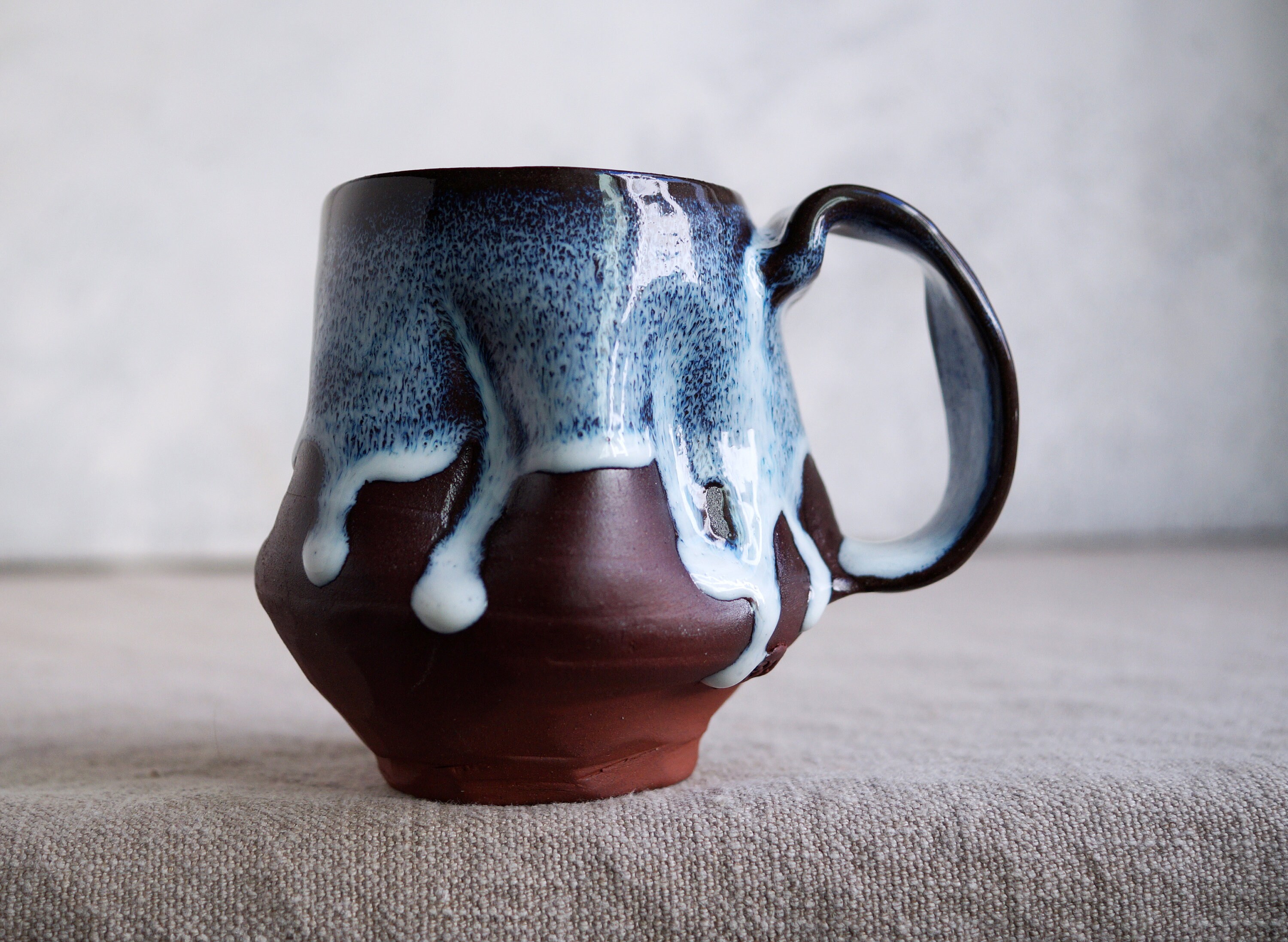 Handmade Ceramic Mug, 12oz, Unglazed Terracotta Clay, Drips of Glaze