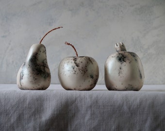 Raku Ceramic Fruit Set, Green Horse Hair, Porcelain Ceramic Arts,  Unique Home Decor, Handmade Housewarming Gift