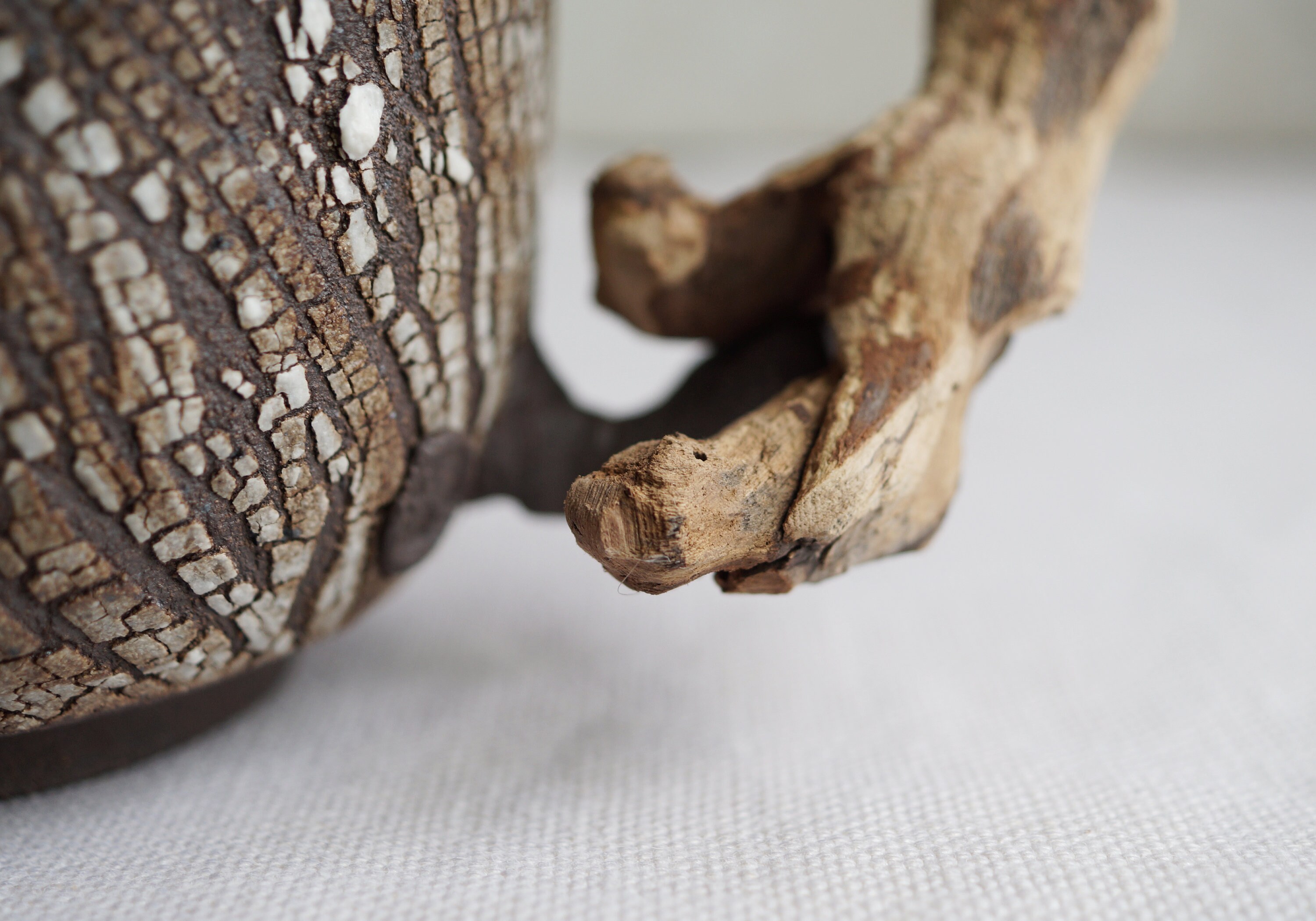 Handmade Ceramic Teapot, Crack Texture, Rustic Design, Wood Twig Handle