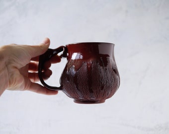Handmade Ceramic Mug, Bark Texture,  12oz, Unglazed  Dark Brown Clay, Red Drips of Glaze, One of the Kind Piece