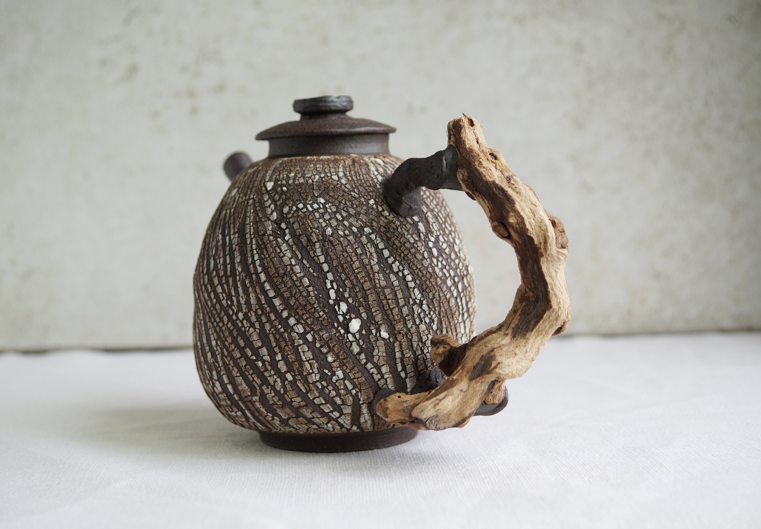 Handmade Ceramic Teapot, Crack Texture, Rustic Design, Wood Twig Handle