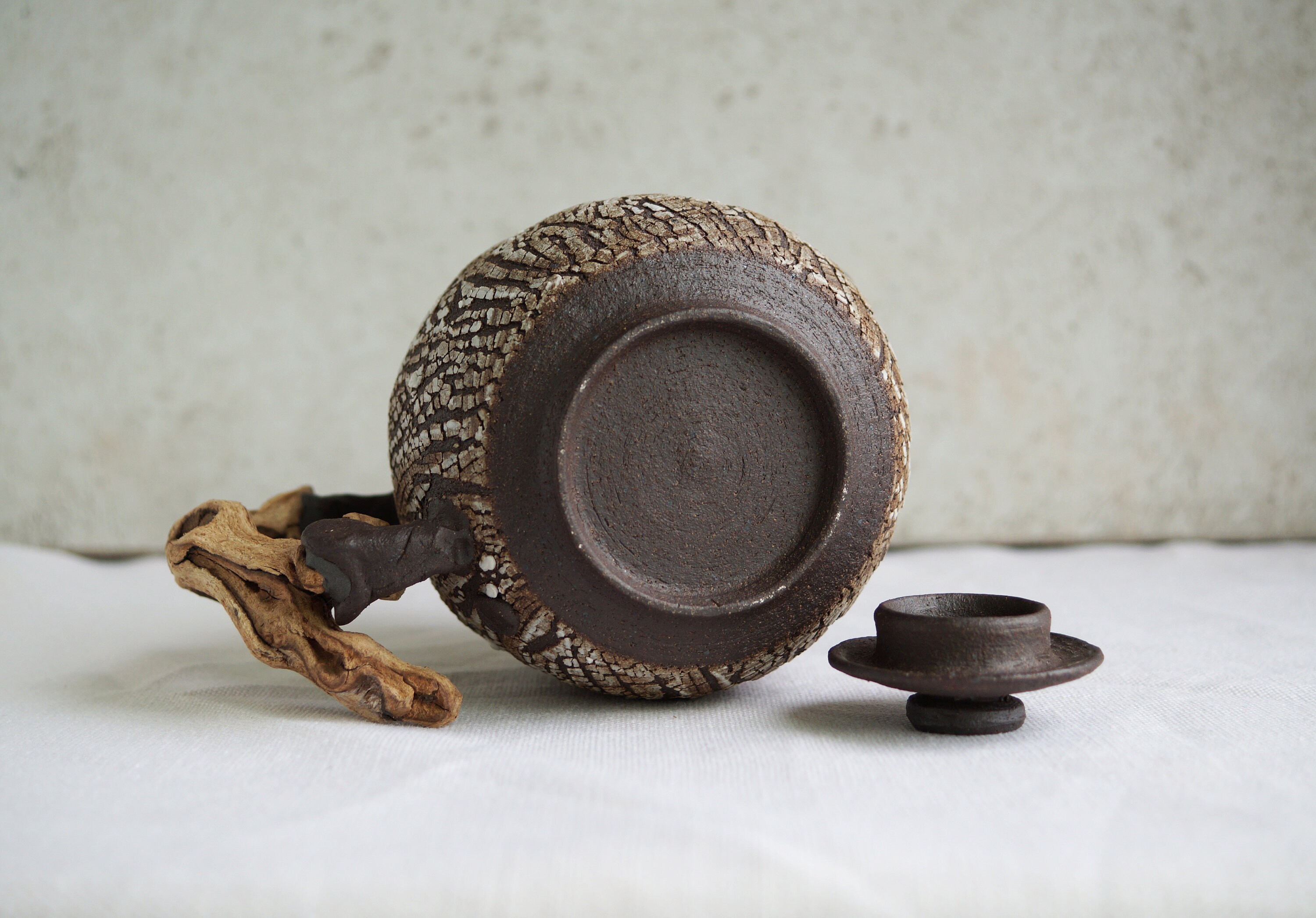 Handmade Ceramic Teapot, Crack Texture, Rustic Design, Wood Twig Handle