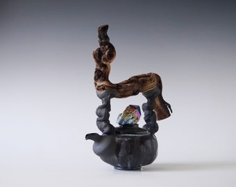 Handmade Ceramic Teapot, Drippy Glaze, Wooden Handle, Bark Wood Texture, 20 oz, Exclusive Pottery, Nature Inspired Arts