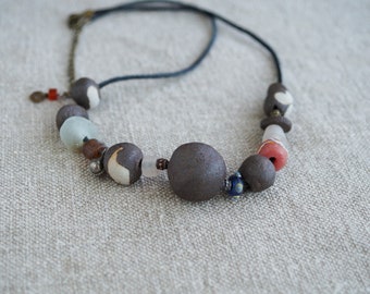 Handmade Ceramic Necklace, Free Shipping, Rustic Handcrafted Jewelry, Ancient Glass Bead, Handmade Beads Necklace, Ceramic Lovers Gift