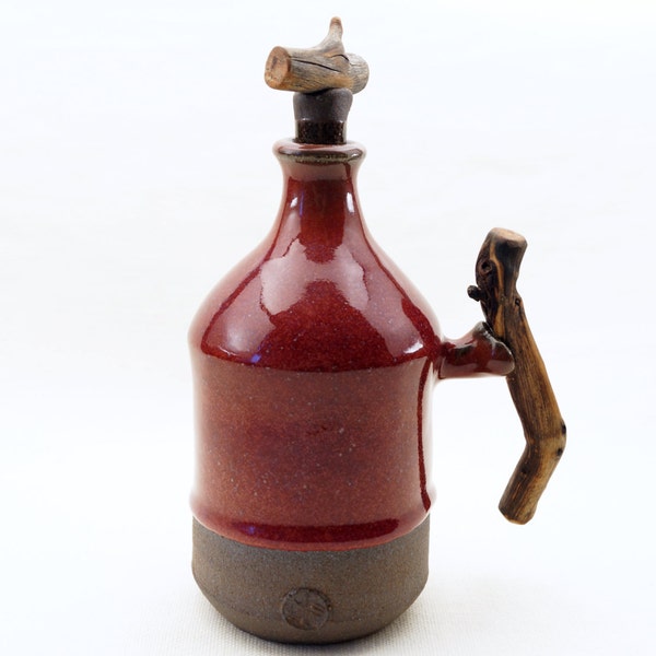Handmade Ceramic Bottle, Wheel Thrown Ceramic Bottle with Wooden Handle, Red Drips Glaze, Olive Oil Bottle, Unique Lid with Wood Twig, Gift