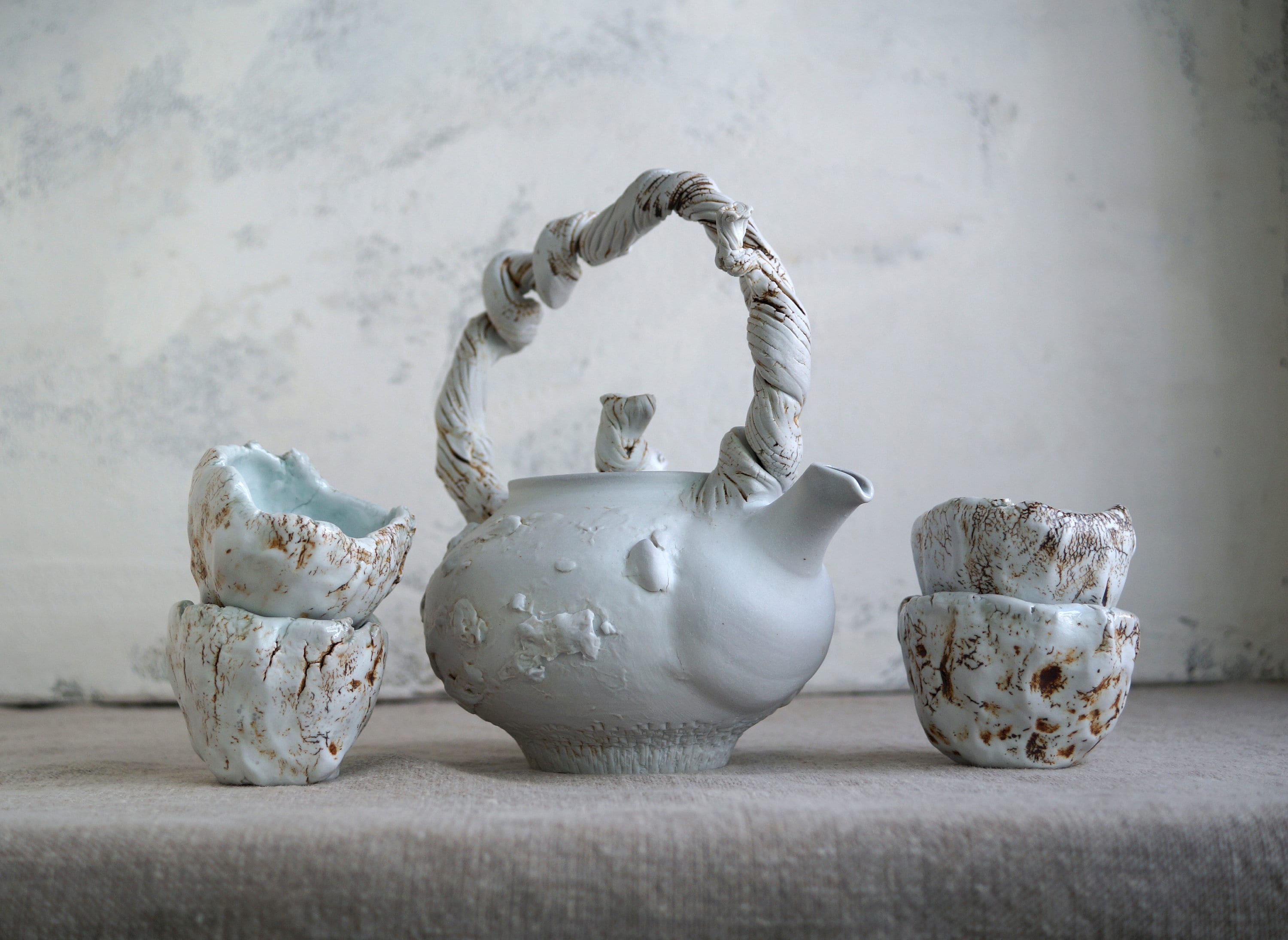 Handmade Ceramic Tea Ceremony Set, Teapot, Four Cups, Bark Texture