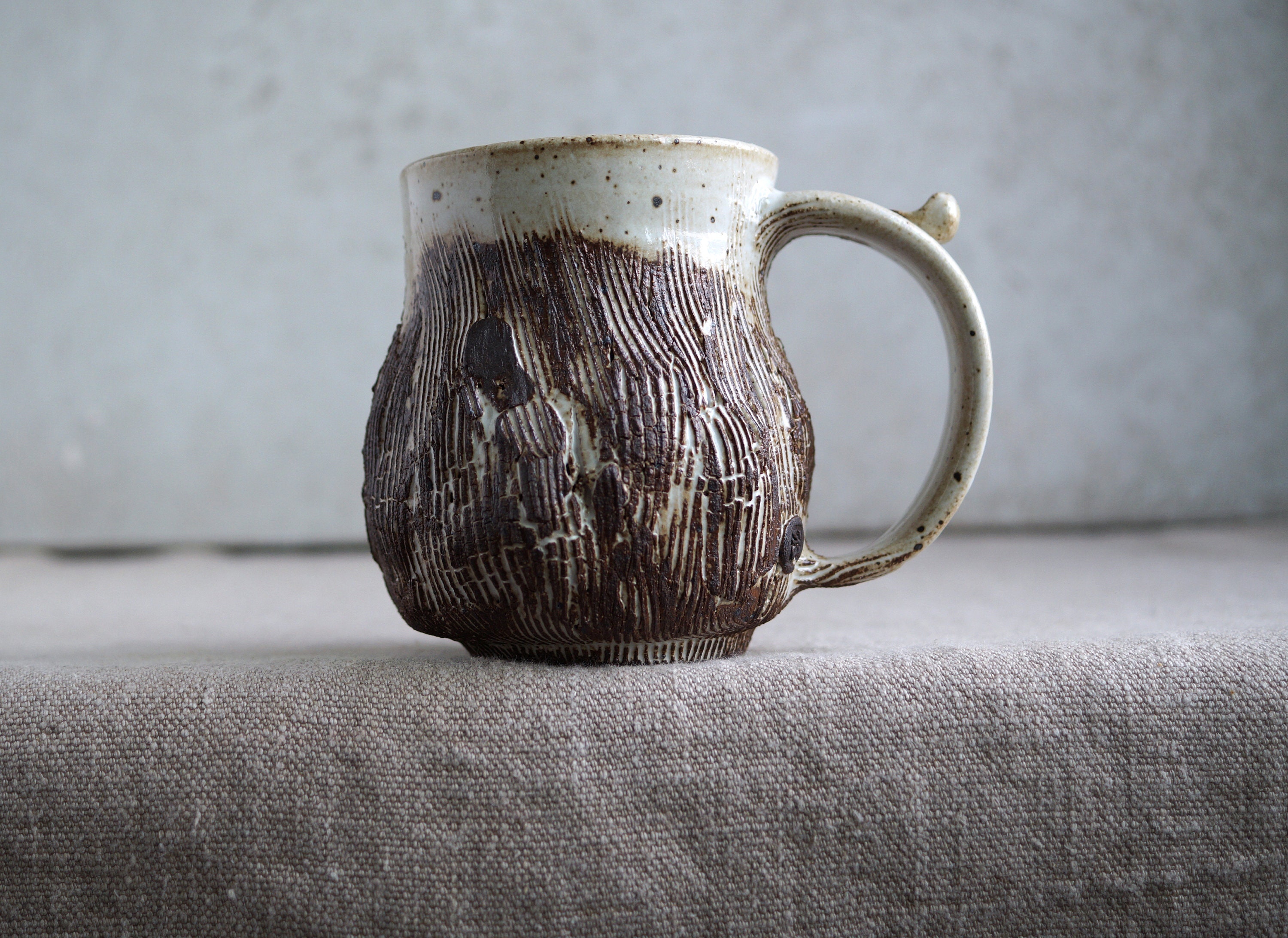 Handmade Ceramic Mug Wood Textured Mug Wheel Thrown Mug 