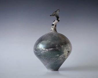 Ceramic Raku Vase, 12"x 8", Iridescent Raku Arts, Naked Raku Firing