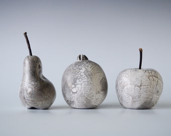 Raku Ceramic Fruit Set, Iridescent Naked Raku, Porcelain Ceramic Arts, Home Decor