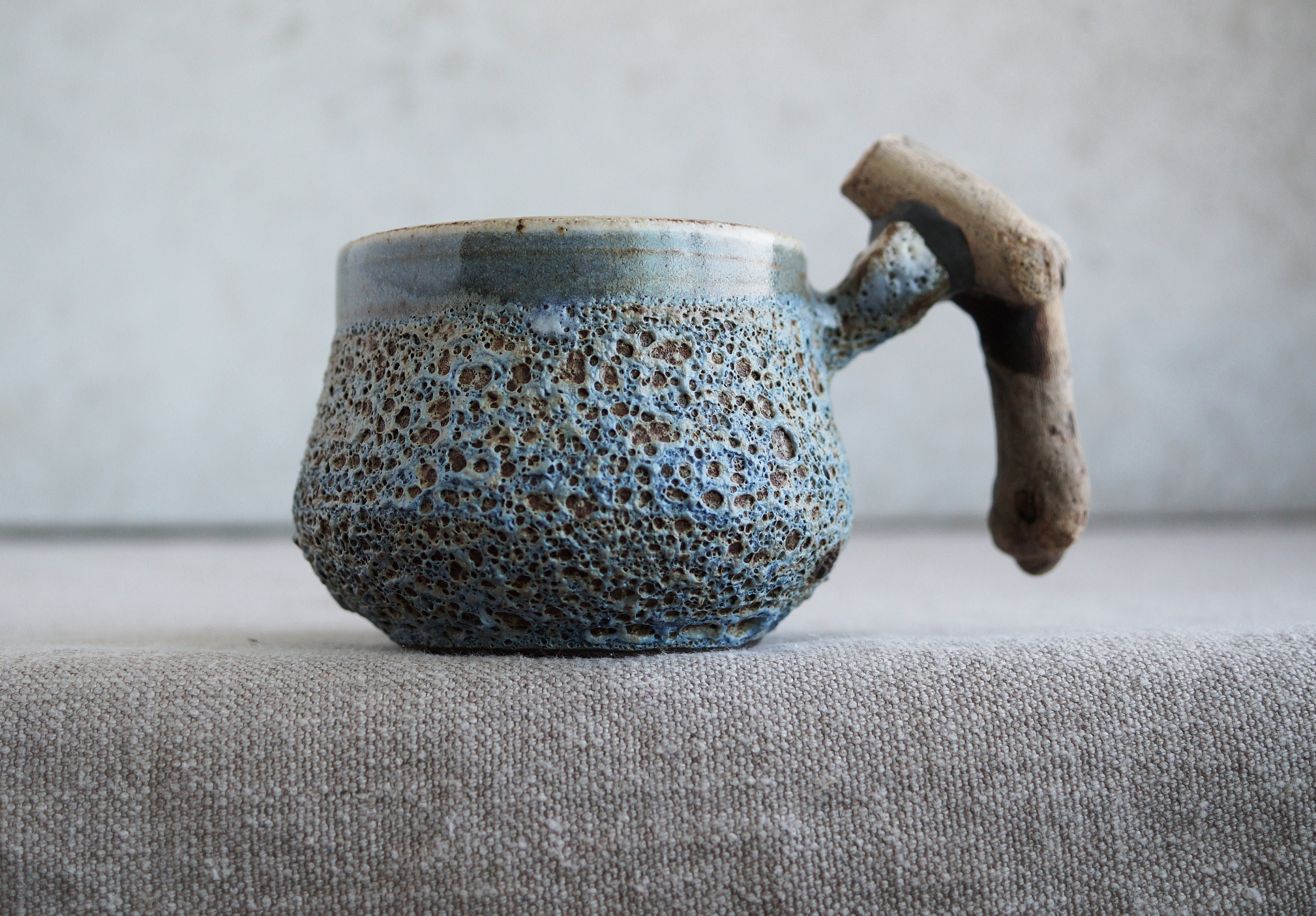 Handmade Ceramic Mug, Wooden Handle Cup, Lava Texture Mug