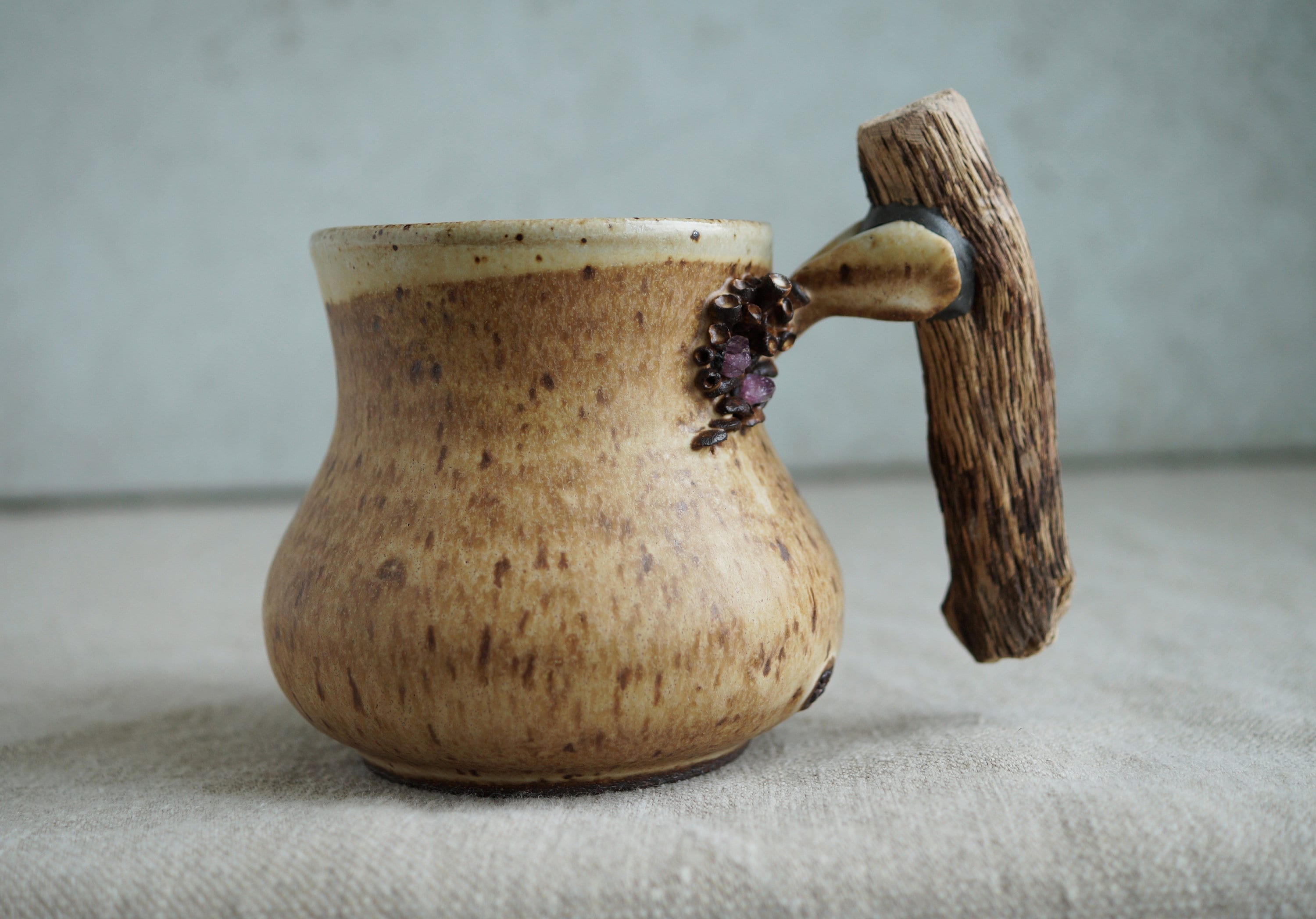 Ceramic Handmade Mug with Wooden Handle, Rustic Pottery, Amethyst