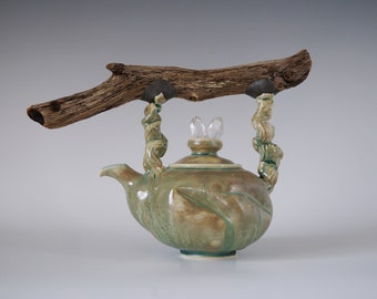 Handmade Ceramic Teapot, Wooden Handle, Quartz Crystal, 32 oz, Exclusive Ceramics Pottery, Nature Inspired Arts