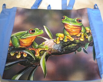 Lined Blue back Checkout Loops Reusable Pocket Green Tree Frogs Enviro Shopping Bag Washable Hard base insert for strength.