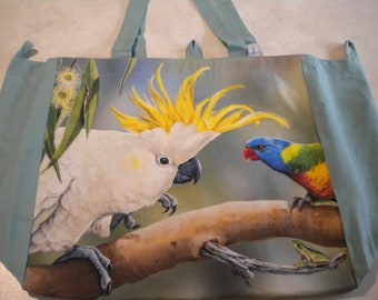 Lined Blue back Checkout Loops Reusable Pocket Green Tree Frogs Enviro Shopping Bag Washable Hard base insert for strength.