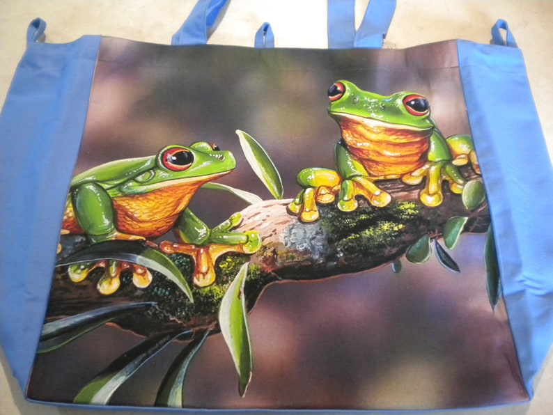 Lined Blue back Checkout Loops Reusable Pocket Green Tree Frogs Enviro Shopping Bag Washable Hard base insert for strength.