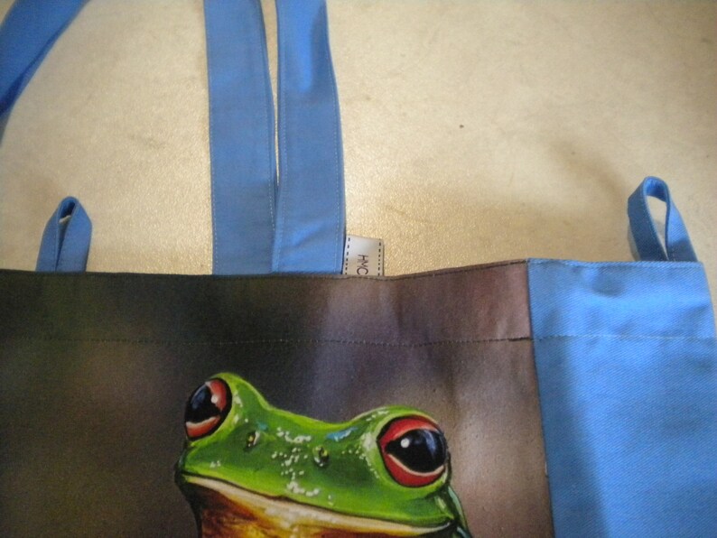 Lined Blue back Checkout Loops Reusable Pocket Green Tree Frogs Enviro Shopping Bag Washable Hard base insert for strength.
