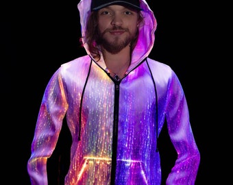 Light Up LED Hoodie Long Sleeve Mens Rave Outfit Burning Man Outfit EDC Festival Outfit Preppy Hoodie Rave Wear EDC Gear Multicolor White