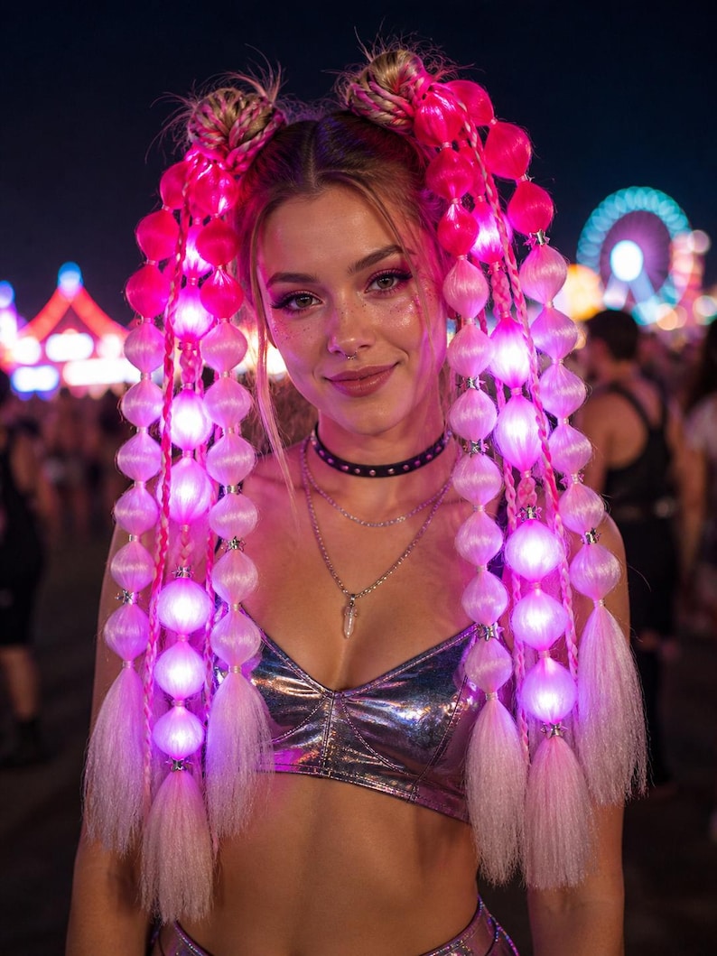 Light up festival hair accessory in pink with tassels and star accents