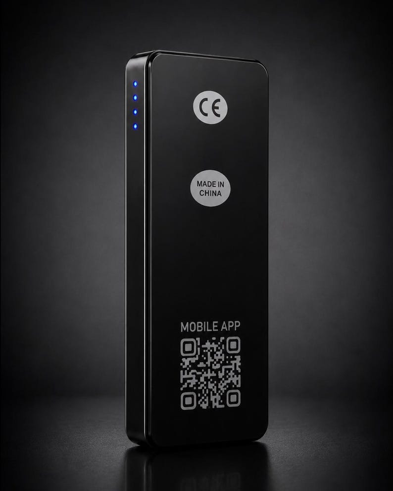 Pu&ograve; includere: Un power bank nero rettangolare con finitura liscia. La parte anteriore presenta un marchio CE, un'etichetta Made in China e un codice QR con l'etichetta Mobile App. Quattro piccole spie LED blu sono visibili sul bordo laterale del dispositivo.