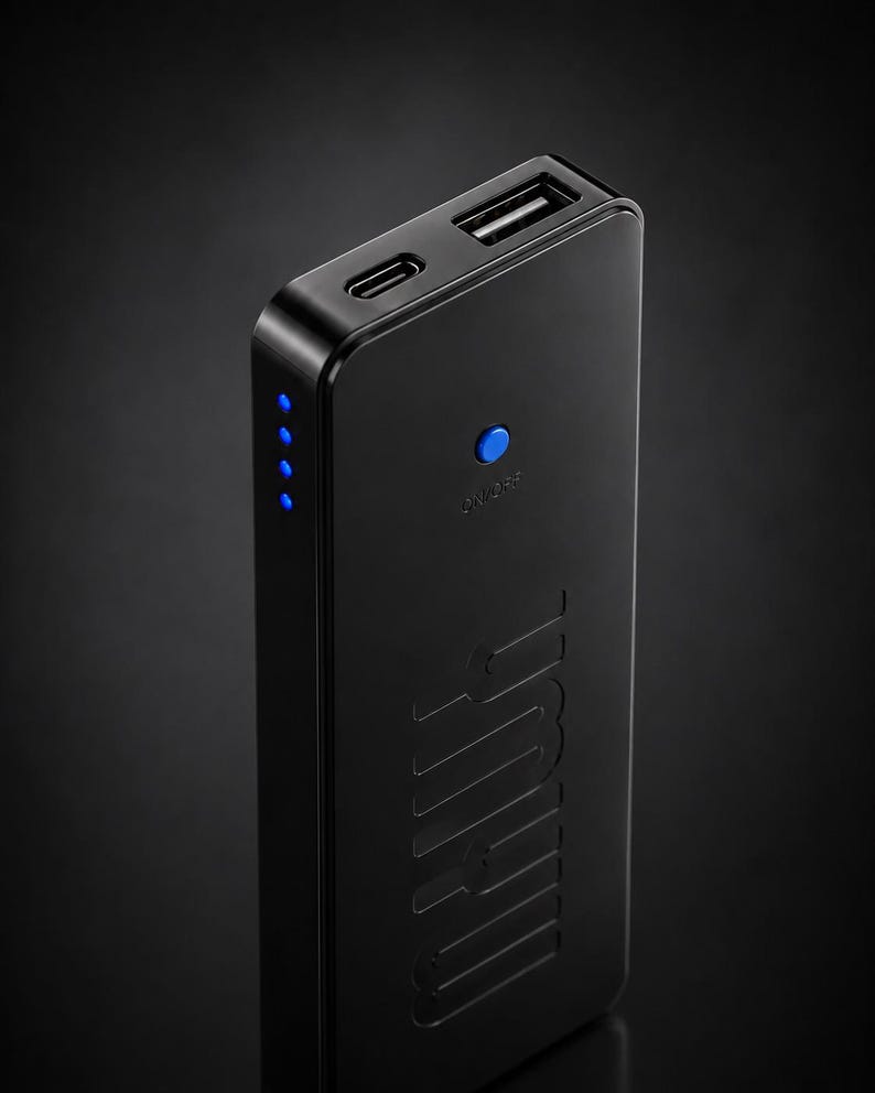 Pu&ograve; includere: Un power bank portatile rettangolare nero dotato di una porta USB-C e una porta USB-A sul bordo superiore. Il dispositivo presenta un pulsante di accensione circolare blu con l'etichetta ON/OFF e quattro spie LED blu verticali sul lato.