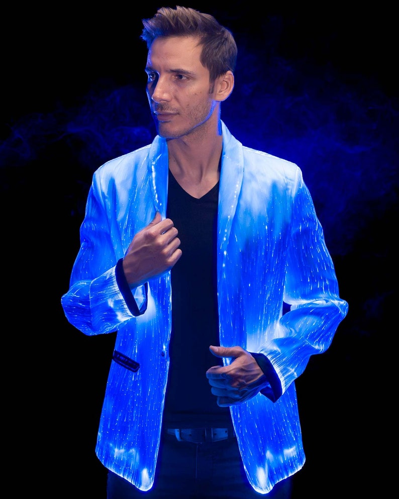 Party Festival Outfit Rave Gear Burning Man Unique Light Up LED Jacket for Men White Blazer Private Boat Party Fiber Optic Clothing