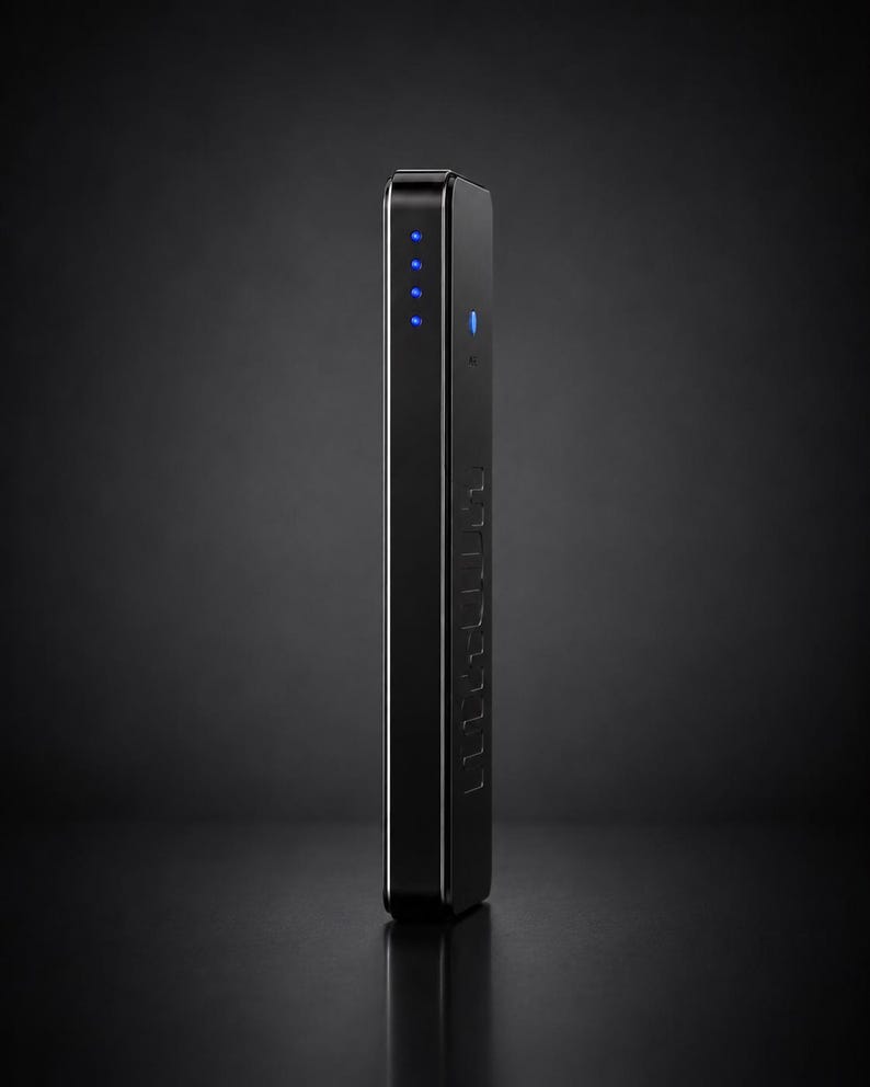 Pu&ograve; includere: Un power bank portatile nero, sottile e rettangolare, con finitura lucida. Il lato presenta una fila verticale di quattro piccole spie LED blu vicino alla parte superiore e un singolo pulsante circolare blu sotto, che indica lo stato.