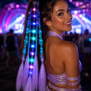 Puede incluir: Una mujer con una coleta alta adornada con extensiones de cabello azul y morado brillantes. Las extensiones están trenzadas y presentan pequeños orbes iluminados. Lleva un top y una falda de lentejuelas lavanda a juego, con brazaletes y un guante de red. El fondo es una escena de festival borrosa y colorida.