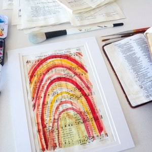 Christian Hymn Rainbow Watercolor Home Decor, Original Painting on Vintage Hymnal Sheet Music, Inspirational Art Choir Teacher Gift
