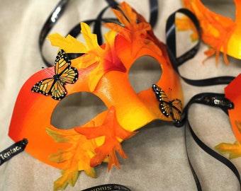 Butterfly masquerade half mask, Luxury for adult women, Sunset monarch insect costume accessory, Fall colors/ red, orange yellow leaves