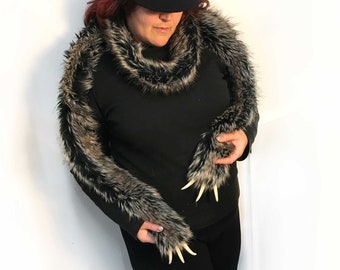 Wolf scarf with claws! Luxury fake fur extra long realistic soft animal wrap alternative gothic gray gift faux fur animal scarf