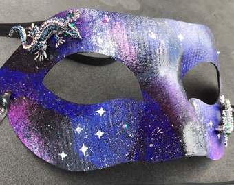 Luxury masquerade half mask, with jewelled lizards, hand painted space galaxy. Costume accessory for women and men.
