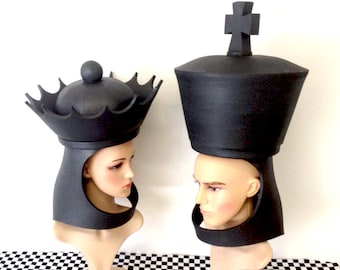 King & Queen Chess Hats, Couples Costume (one of each hat) Adult Halloween mask, man, woman, human chess piece, crown headdress, his n hers