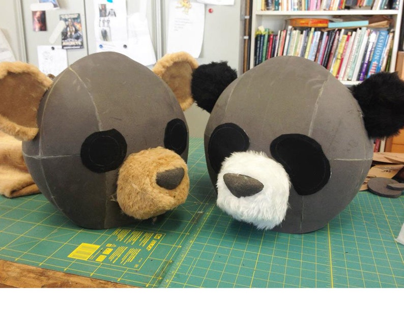 work in progress photo showing adult size teddy bear and panda heads made from fake fur by Tentacle Studio.