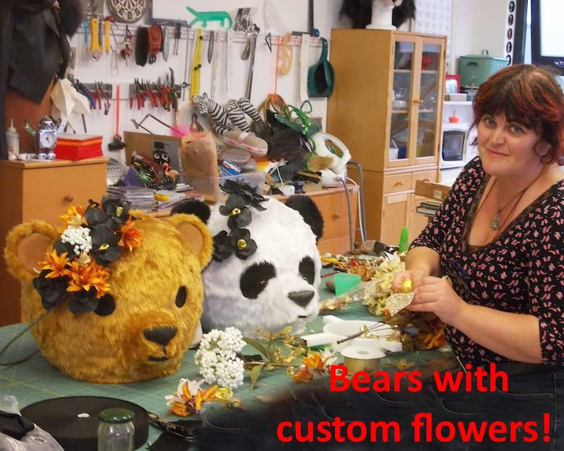 Couples costumes adult size teddy bear and panda heads, with custom flowers decorations for a wedding. made by Tentacle Studio.