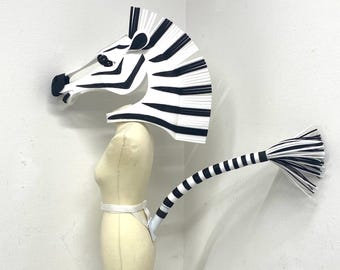 Zebra Costume Head and Tail Set Adult Size Adjustable  Handmade by Tentacle Studio