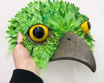 Green bird masquerade half mask, Unique hand painted baby parrot accessory, Halloween theme handmade by Tentacle Studio