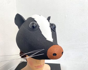 Skunk Mask head: Handmade animal costume hat for Theatre, Ballet, adult child sizes