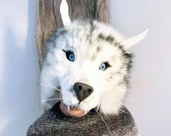 White wolf headdress mask realistic costume hat Adult faux fake fur Viking men women Arctic snow husky Hand made by Tentacle Studio
