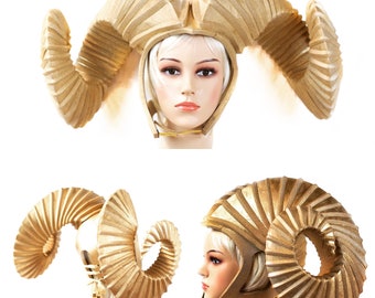 Ram horns golden headdress. Gold warrior headpiece. Handmade, adjustable adult size.