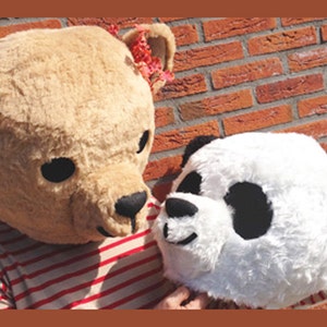 Couples costumes adult size teddy bear and panda heads made from fake fur handmade by Tentacle Studio.