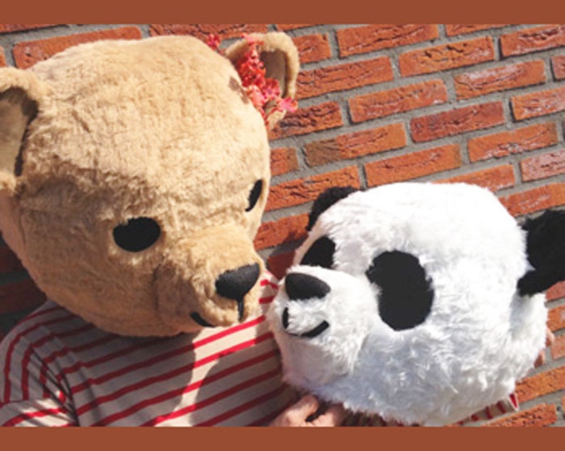 Couples costumes adult size teddy bear and panda heads made from fake fur handmade by Tentacle Studio.