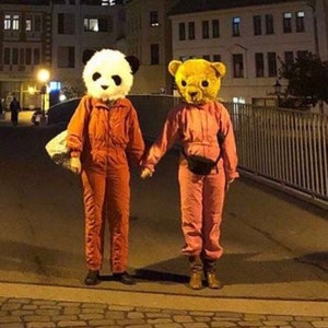 Couples costume adult size teddy bear and panda heads. In stock and ready to ship. Made from fake fur in black white and honey colored faux fur handmade by Tentacle Studio.