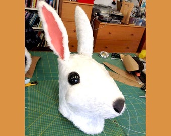 Rabbit mask White bunny costume mask ADULT furry animal head, Easter woodland faux fake fur masquerade mask Handmade by Tentacle Studio.com