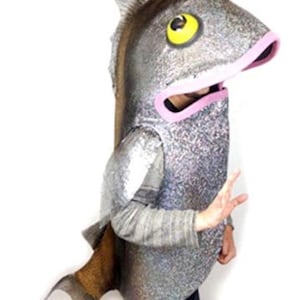 May include: A silver fish costume with a large head, yellow eye, and pink mouth. The costume has a fin on top and a tail. The person is wearing a gray long-sleeved shirt and dark pants.