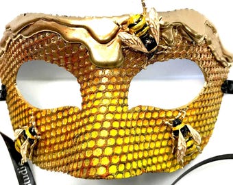 Masque de mascarade d'abeille fait main : accessoire de costume de luxe en nid d'abeille doré, cadeau d'apiculteur