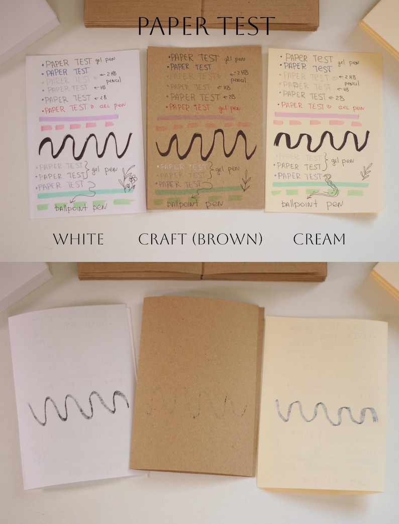 May include: A comparison of paper types labeled white, craft (brown), and cream. Each paper type features handwritten tests with gel pens, pencils, and ballpoint pens. The text "PAPER TEST" is visible on each page, along with a wavy line drawn with a pen.