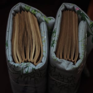 May include: Two books in light blue fabric covers with a floral pattern. The pages are a warm, golden color. The covers have a soft, padded appearance, suggesting a handmade or vintage style. The books are side by side.