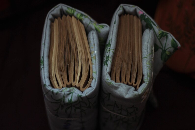 May include: Two books in light blue fabric covers with a floral pattern. The pages are a warm, golden color. The covers have a soft, padded appearance, suggesting a handmade or vintage style. The books are side by side.